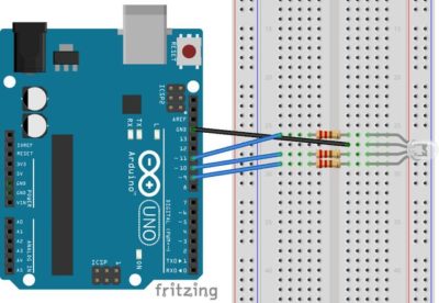 Vue prototypage du tutoriel Arduino LED RGB (variante cathode commune)