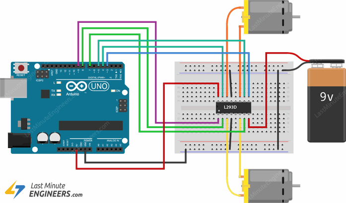 Wiring L293D Motor Driver IC with DC Motors & Arduino