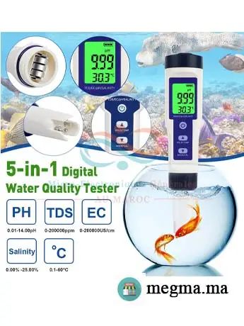 Testeur de qualité de l’eau numérique 5 en 1 TDS EC PH Salinité Température